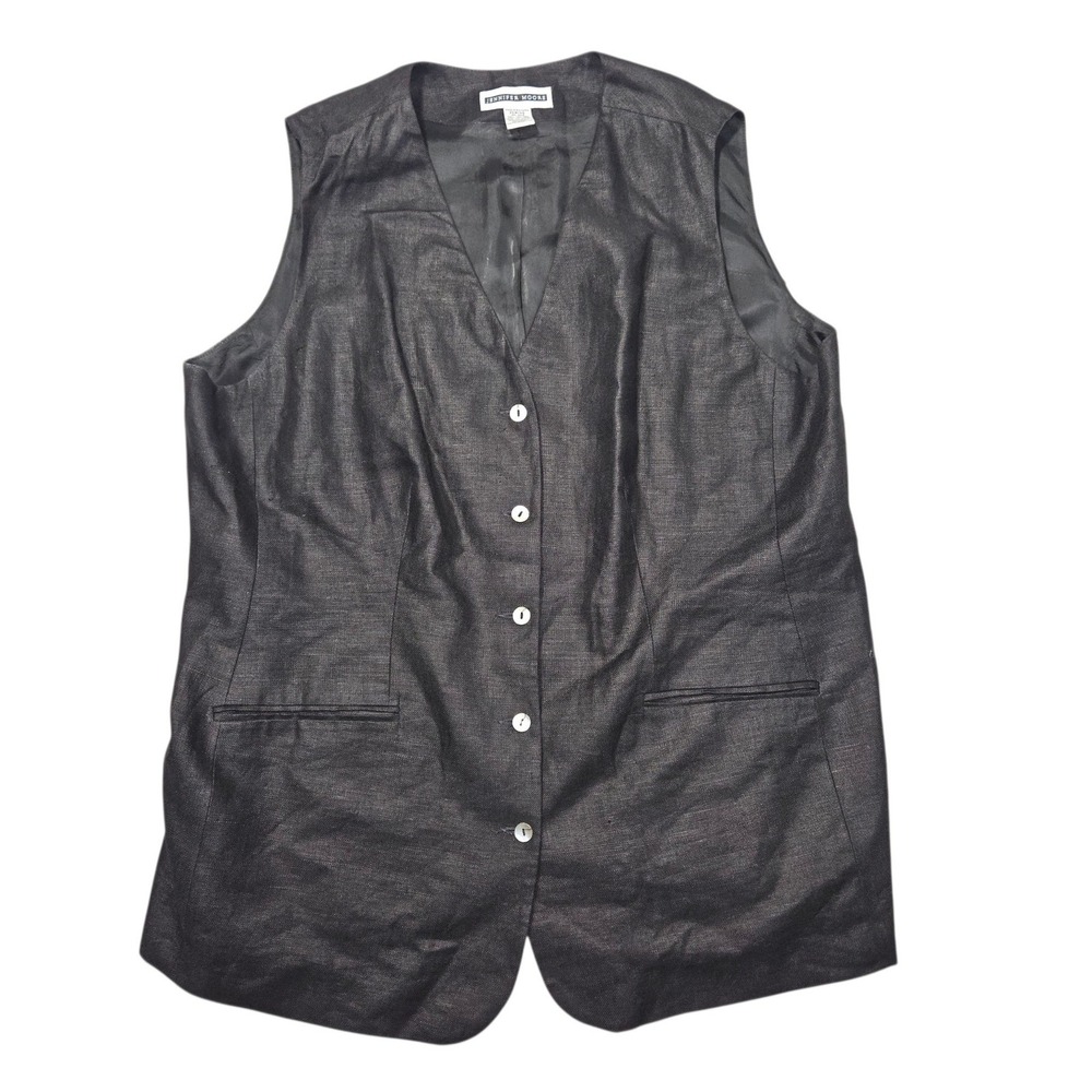 Jennifer Moore VTG 90s Longline Button Front Linen Vest Black Sz 20W